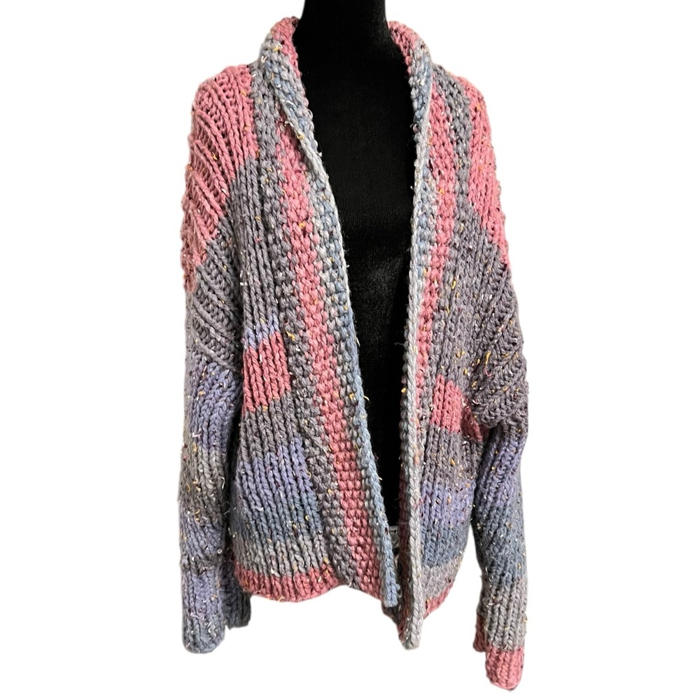 Handmade Pink Gray Striped Chunky Cardigan Womens Oversized - Picture 3 of 8